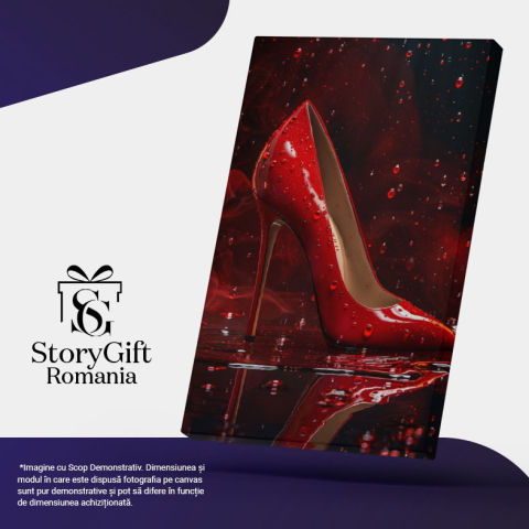 Tablou Canvas Pantof din piele stileto roșu în picături - Stropi de apă pe pielea roșie a unui pantof , Pictura Digitala 40x25CM [4]