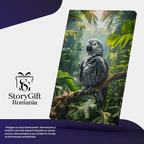 Tablou Canvas Papag Gri Antracit pe Creanga Bătrână a Copacului din Zona Forestieră , Pictura Digitala 40x25CM [4]