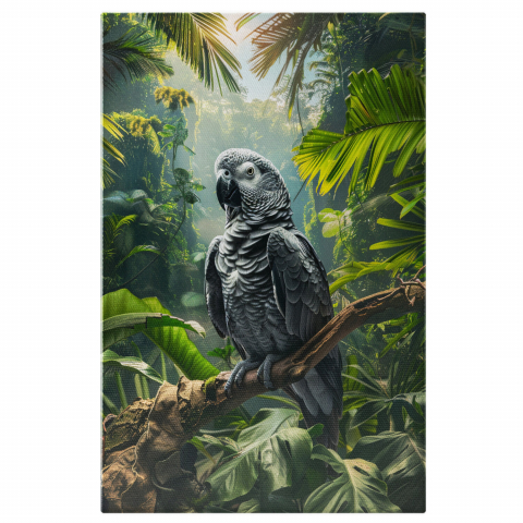 Păsări - Papagal Gri Antracit pe Creânga Bătrână a Copacului - Pictură Digitală, Marime 40x25CM