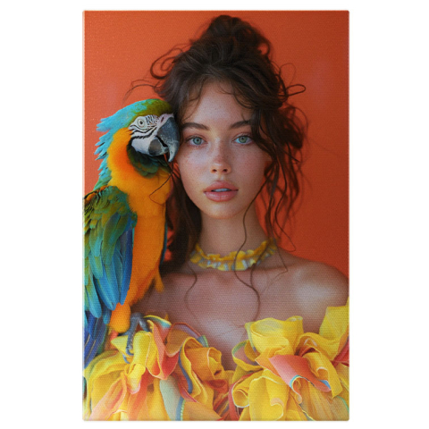 Păsări - Tablou Canvas  Papagalul Colorat care sta pe Umarul Fetei cu Ochii Albastri si Rochita Galbena cu Pistrui , Pictura Digitala 40x25CM