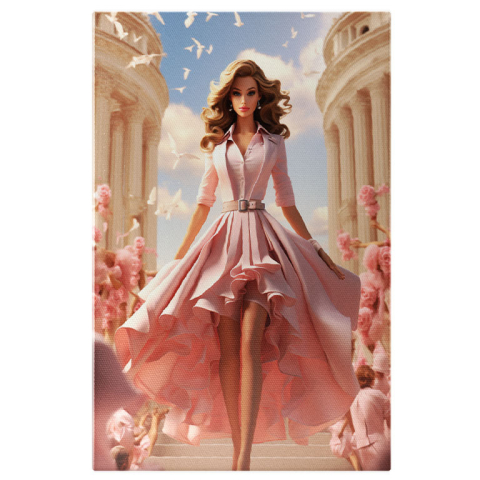 Portret - Tablou Canvas:  Papusa pe Scari in Fusta Lunga cu Volane si Porumbei cu Trandafiri si Oameni in jur Pictura Digitala 40x25CM