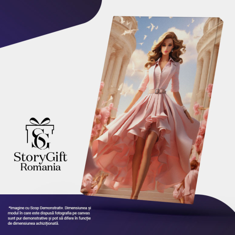 Tablou Canvas:  Papusa pe Scari in Fusta Lunga cu Volane si Porumbei cu Trandafiri si Oameni in jur Pictura Digitala 40x25CM [4]