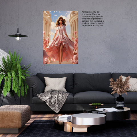 Tablou Canvas - Papusa pe Scări în Fustă Lungă cu Volane și Porumbei cu Trandafiri, Marime 40x25CM [2]