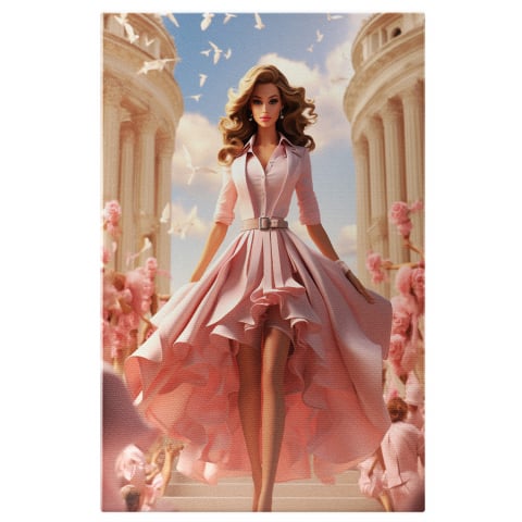 Modă - Tablou Canvas - Papusa pe Scări în Fustă Lungă cu Volane și Porumbei cu Trandafiri, Marime 40x25CM