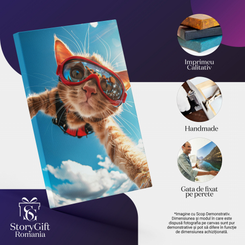 Tablou Canvas Pisica Manx Parașutistă Zburând cu Parașuta | Artă Digitală, Marime 40x25CM [1]