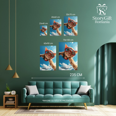 Tablou Canvas Pisica Manx Parașutistă Zburând cu Parașuta | Artă Digitală, Marime 40x25CM [3]