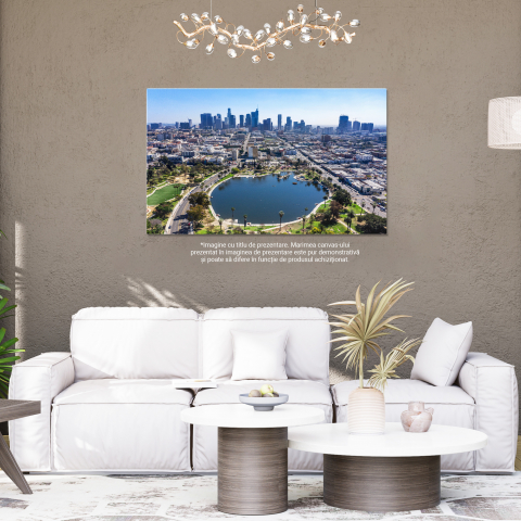 Tablou Canvas Parcul McArthur din Los Angeles, McArthur Park, parc, aer liber, Los Angeles, centru, LA, apa, lac, cladiri, zgarie-nori, central, zi, recreere, stralucitor, McArthur lake, fantana. 40x2 [4]