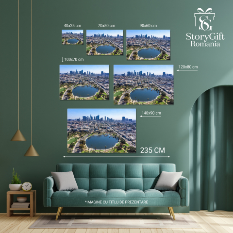 Tablou Canvas Parcul McArthur din Los Angeles, McArthur Park, parc, aer liber, Los Angeles, centru, LA, apa, lac, cladiri, zgarie-nori, central, zi, recreere, stralucitor, McArthur lake, fantana. 40x2 [3]