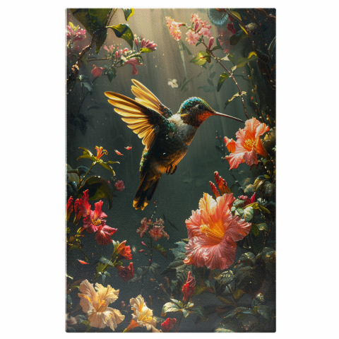 Păsări - Pasărea Colibri - Tablou Canvas cu Colectarea Nectarului din Florile din Junglă, Marime 40x25CM