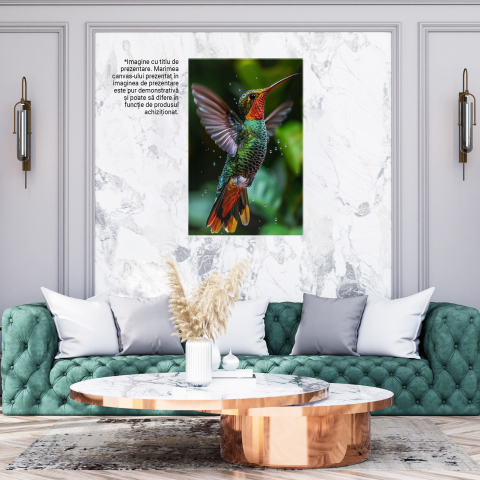 Tablou Canvas  Pasarea Colibri cu Ochii Mici si Ciocul Ascutit Zboara prin Picaturile din Apa cu Aripile Desfacute , Pictura Digitala 60x40CM [2]
