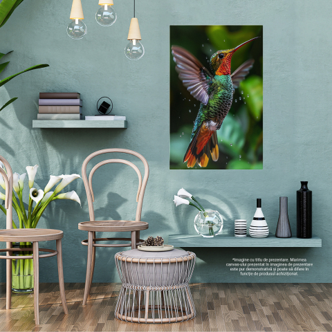Tablou Canvas  Pasarea Colibri cu Ochii Mici si Ciocul Ascutit Zboara prin Picaturile din Apa cu Aripile Desfacute , Pictura Digitala 60x40CM [4]