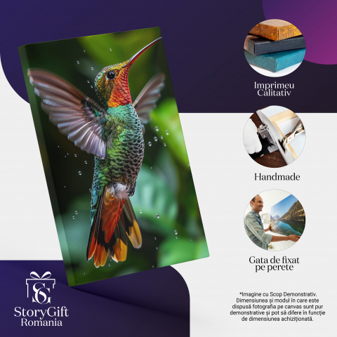 Tablou Canvas  Pasarea Colibri cu Ochii Mici si Ciocul Ascutit Zboara prin Picaturile din Apa cu Aripile Desfacute , Pictura Digitala 60x40CM [1]