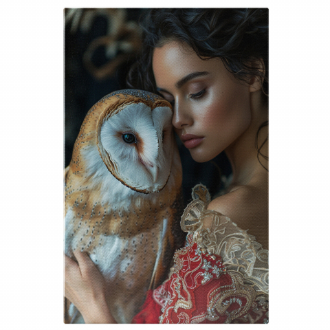 Păsări - Tablou Canvas Pasărea ,,Striga cu Ochii Înlăcrimați și Fata în Rochie Roșie cu Umerii Goi, Marime 40x25CM