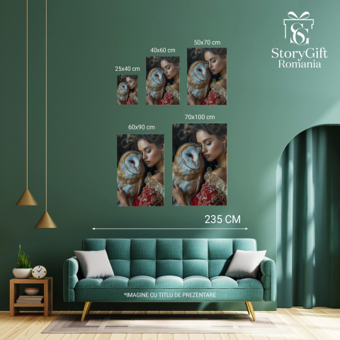 Tablou Canvas Pasărea ,,Striga cu Ochii Înlăcrimați și Fata în Rochie Roșie cu Umerii Goi, Marime 40x25CM [3]