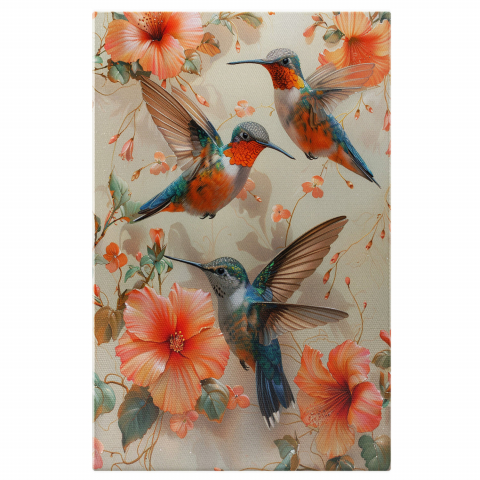 Păsări - Tablou Canvas Colibri Sorbind Nectar din Flori Roz, Marime 40x25CM
