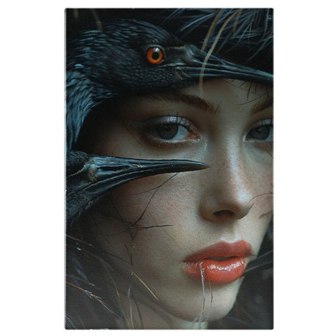 Portret - Tablou Canvas Păsările Negre cu Ochi de Foc și Chipul Fetei cu Ochi Albăstrui Misterioși , Pictura Digitala 40x25CM