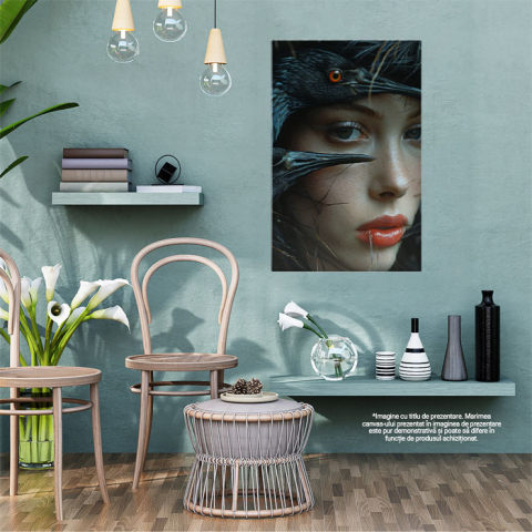 Tablou Canvas Păsările Negre cu Ochi de Foc și Chipul Fetei cu Ochi Albăstrui Misterioși , Pictura Digitala 40x25CM [1]