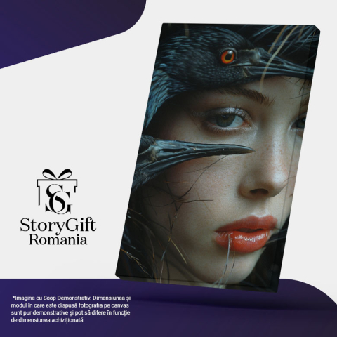 Tablou Canvas Păsările Negre cu Ochi de Foc și Chipul Fetei cu Ochi Albăstrui Misterioși , Pictura Digitala 40x25CM [4]