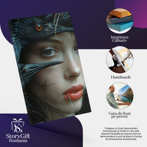 Tablou Canvas Păsările Negre cu Ochi de Foc și Chipul Fetei cu Ochi Albăstrui Misterioși , Pictura Digitala 40x25CM [2]