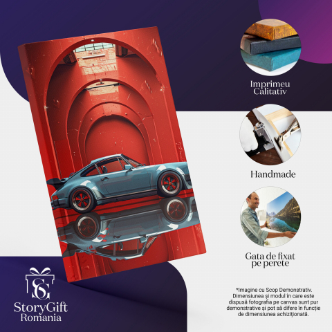 artă pentru pasionații de mașini, pictură cu Ferrari vintage, decor auto de lux, tablou colecționari de mașini sport, artă digitală cu mașini clasice, tablou cu mașină în cameră roșie, design modern, artă de perete cu tematică auto, Marime 40x25CM [1]