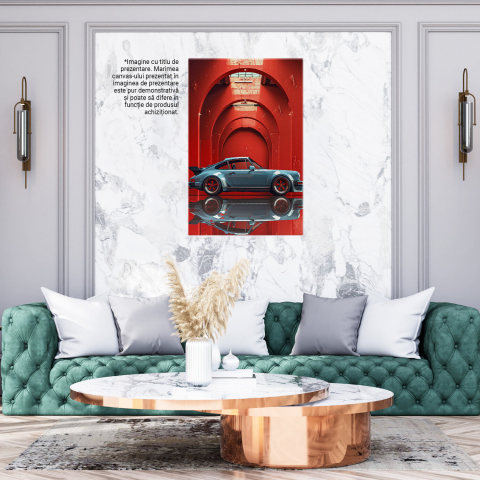 artă pentru pasionații de mașini, pictură cu Ferrari vintage, decor auto de lux, tablou colecționari de mașini sport, artă digitală cu mașini clasice, tablou cu mașină în cameră roșie, design modern, artă de perete cu tematică auto, Marime 40x25CM [2]