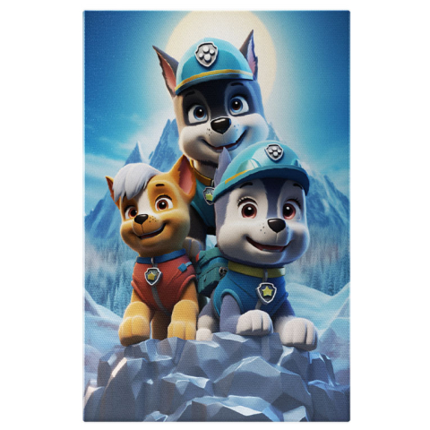 Personaje Desene Animate - Tablou Canvas:  Patrula Catelusilor Dsiney Catelusi in Peisaj de Iarna pe Munte cu Zapada Pictura Digitala 40x25CM