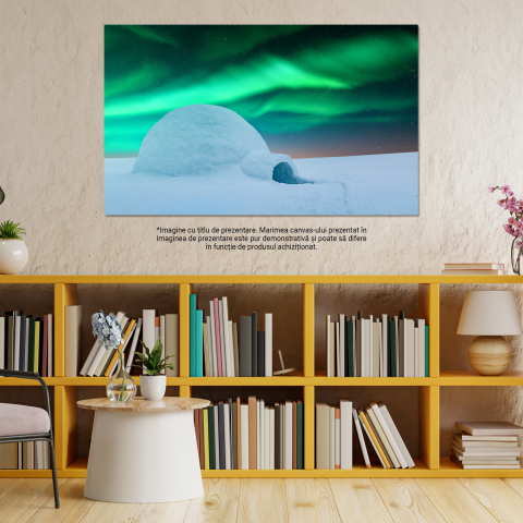 Tablou Canvas Peisaj Arctic: Casa Igloo Sub Luminile Nordului într-o Noapte Senină, Marime 40x25CM [2]