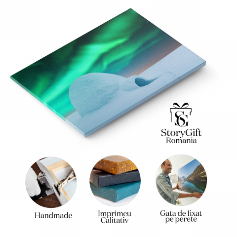 Tablou Canvas Peisaj Arctic: Casa Igloo Sub Luminile Nordului într-o Noapte Senină, Marime 40x25CM [1]