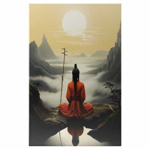 Peisaj - Tablou Canvas Peisaj Asiatic cu Sensei și Munți Încercuiți de Ceată, Marime 40x25CM