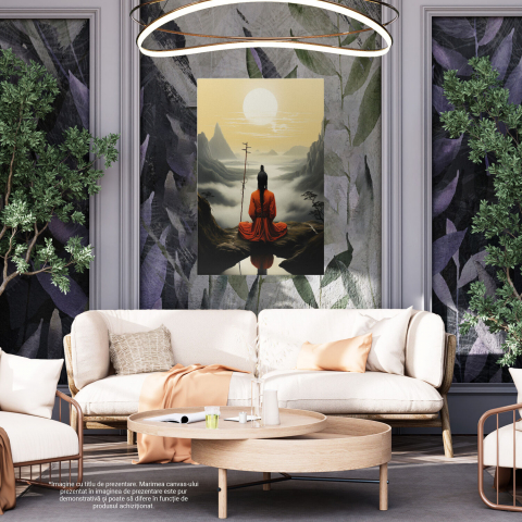 Tablou Canvas Peisaj Asiatic cu Sensei și Munți Încercuiți de Ceată, Marime 40x25CM [3]