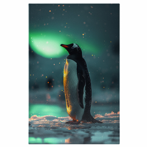 Aurora Boreală - Pinguin Curios sub Auroră Boreală - Pictură Digitală cu Sclipiri Verzi, Marime 40x25CM