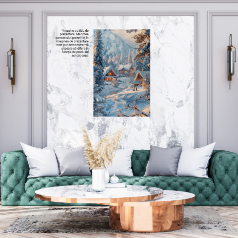 Tablou Canvas:  Peisaj de Iarna cu Casute Inzapezite si Luminate, Brazi  - Fotografie Artistica si Anotimp  Rece   Pictura Digitala 60x40CM [2]