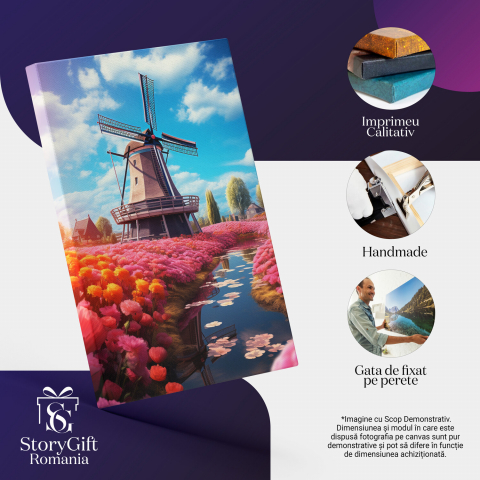 Tablou Canvas - Peisaj de Poveste cu Flori și Moară de Vânt, Marime 40x25CM [1]