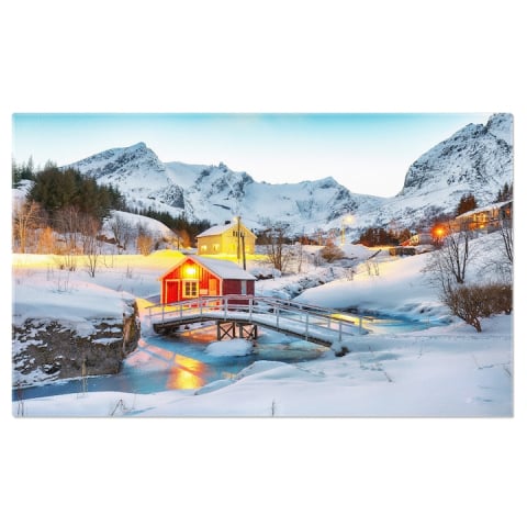 Marimea 70x50CM - Tablou Canvas Peisaj de Seara Fabulos in Nusfjord Norvegia, Iarna, Casa, Peisaj, Lumina 70x50CM