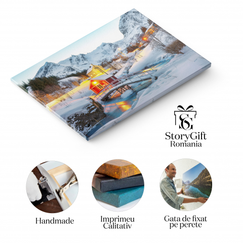 Tablou Canvas Peisaj de Seara Fabulos in Nusfjord Norvegia, Iarna, Casa, Peisaj, Lumina 70x50CM [1]