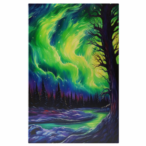 Peisaj - Peisaj de Pădure cu Brazi și Aurora Boreală, Marime 40x25CM