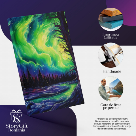 Peisaj de Pădure cu Brazi și Aurora Boreală, Marime 40x25CM [1]