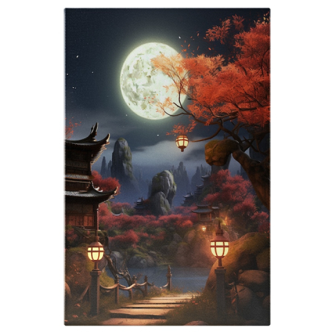 Marimea 70x50CM - Tablou Canvas:  Peisaj- Lună plină în Japonia- Fotografie cu Elemente Naturale Pictura Digitala 70x50CM
