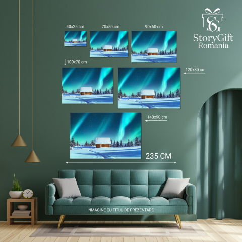 Peisaj cu Aurora Boreală și Cabana de Iarnă, Marime 40x25CM [3]