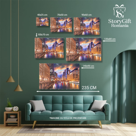 Tablou Canvas: Peisajul urban al Chicago-ului in amurg, cu zgarnie-nori iluminati, pun?i si cartierul financiar aglomerat 40x25CM [4]