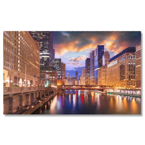 Oraș - Tablou Canvas: Peisajul urban al Chicago-ului in amurg, cu zgarnie-nori iluminati, pun?i si cartierul financiar aglomerat 40x25CM