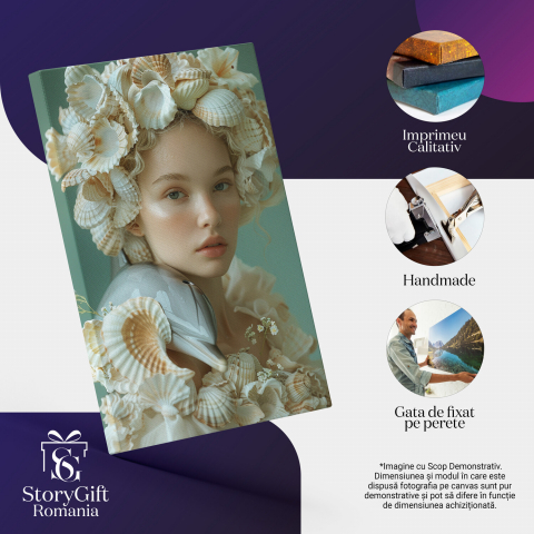 Tablou Canvas Femeie cu Palarie din Scoici si Figurina Delfin, Marime 40x25CM [1]