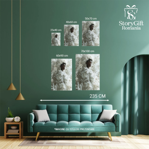 Tablou Canvas  Persoana Feminina cu Pielea Neagra si Buze Mari in Rochie Alba cu Trandafiri si Ramuri Albe , Pictura Digitala 40x25CM [3]