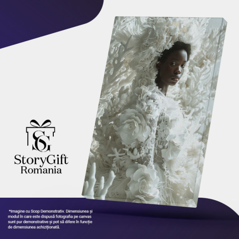 Tablou Canvas  Persoana Feminina cu Pielea Neagra si Buze Mari in Rochie Alba cu Trandafiri si Ramuri Albe , Pictura Digitala 40x25CM [4]