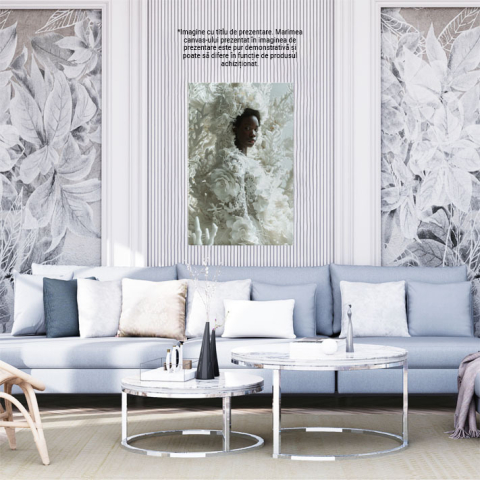 Tablou Canvas  Persoana Feminina cu Pielea Neagra si Buze Mari in Rochie Alba cu Trandafiri si Ramuri Albe , Pictura Digitala 40x25CM [1]