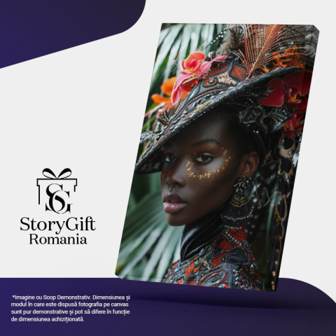 Tablou Canvas  Persoana Feminina din Africa cu Cercei si Palarie cu Pene in Camasa cu Perle si Pietre Pretioase , Pictura Digitala 40x25CM [4]