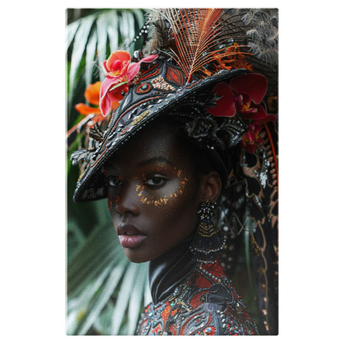 Portret - Tablou Canvas  Persoana Feminina din Africa cu Cercei si Palarie cu Pene in Camasa cu Perle si Pietre Pretioase , Pictura Digitala 40x25CM