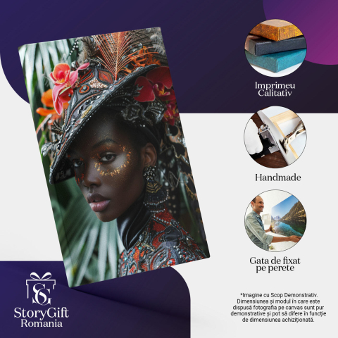 Tablou Canvas  Persoana Feminina din Africa cu Cercei si Palarie cu Pene in Camasa cu Perle si Pietre Pretioase , Pictura Digitala 40x25CM [2]