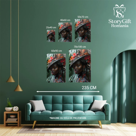 Tablou Canvas  Persoana Feminina din Africa cu Cercei si Palarie cu Pene in Camasa cu Perle si Pietre Pretioase , Pictura Digitala 40x25CM [3]