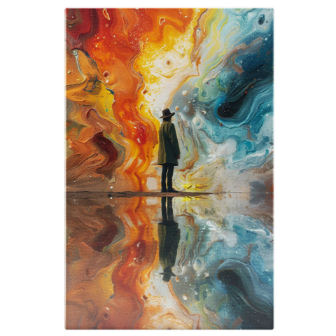 Abstract - Tablou Canvas  Persoana Masculina in Palton Verde si Palarie cu Pataloni Negri si Ghete Admira Culorile  , Pictura Digitala 40x25CM